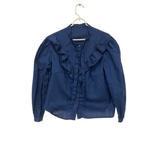 Womens Ruffle Front Long Sleeve Button Tie Neck Blouse Navy Blue Casual Office‎